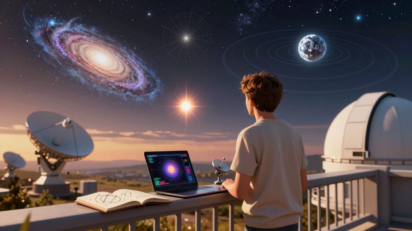 Garoto observa o céu estrelado com galáxia, planetas, telescópios e notebook com mapa espacial ao entardecer.
