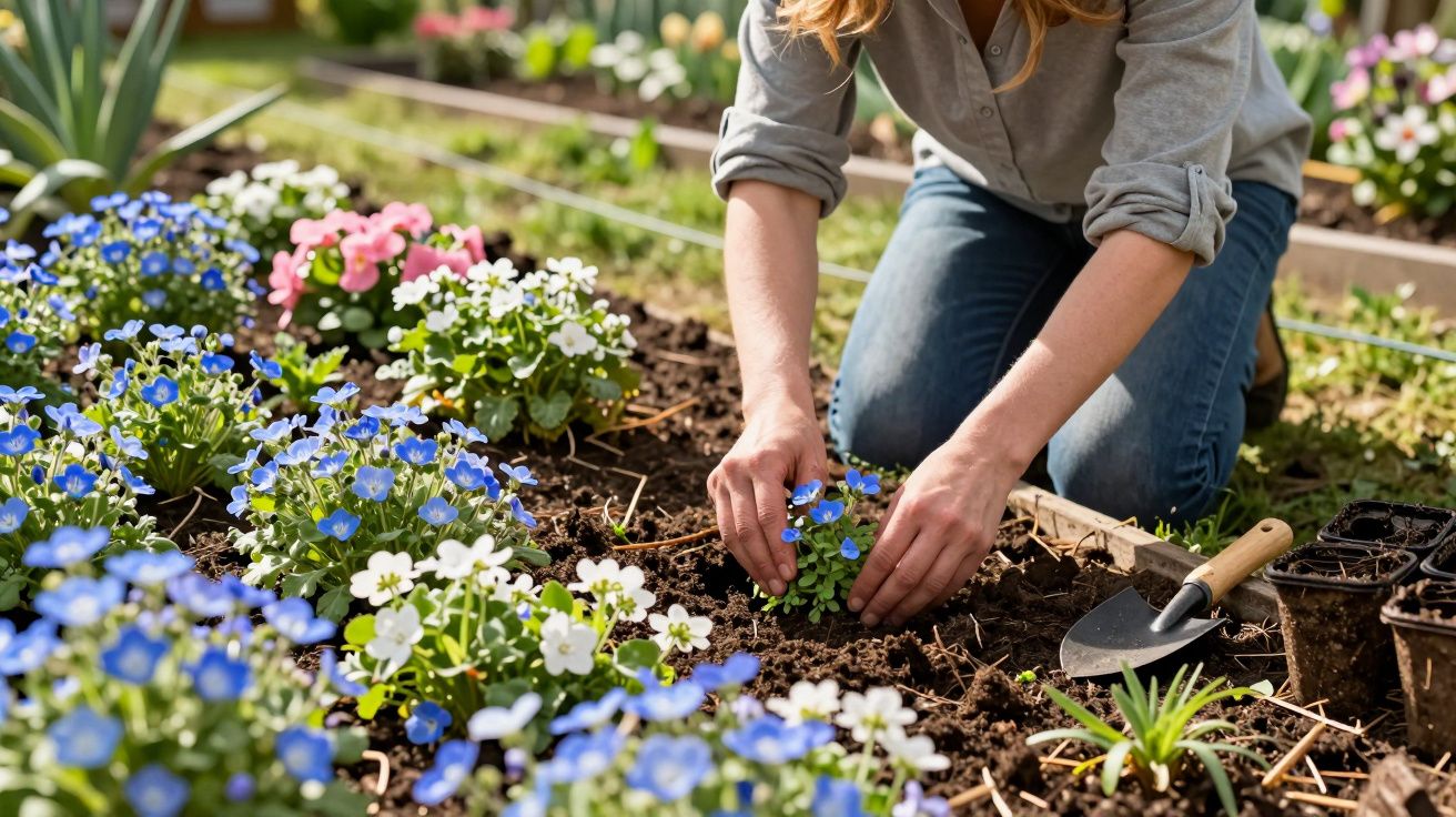 Pessoa agachada cuidando de flores azuis e brancas em jardim com ferramentas de jardinagem ao lado.