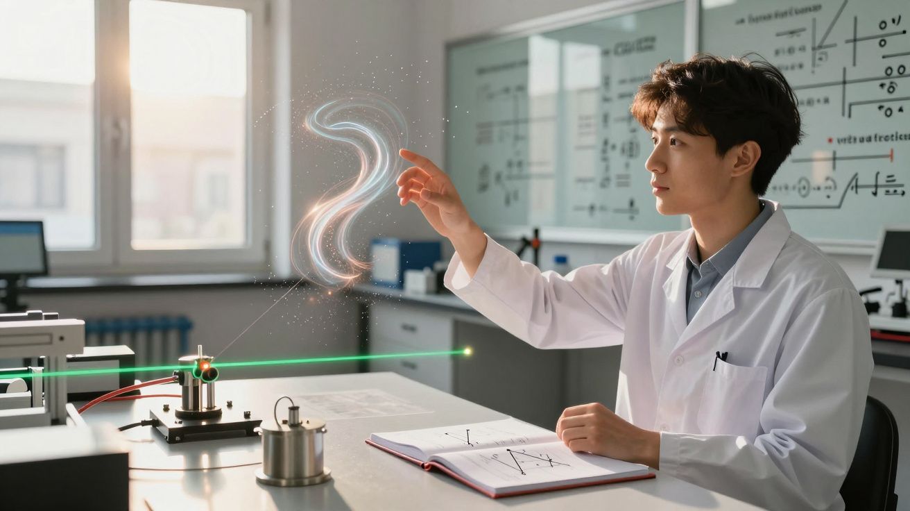 Cientista em laboratório manipula holograma luminoso com laser verde sobre mesa com livro aberto.