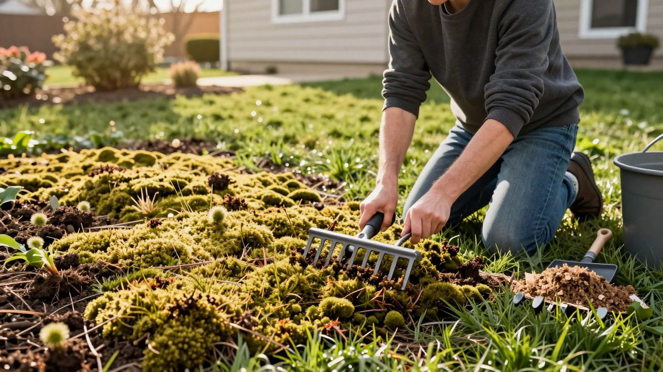 Pessoa usando ancinho para cuidar de jardim com musgos e plantas em área residencial.