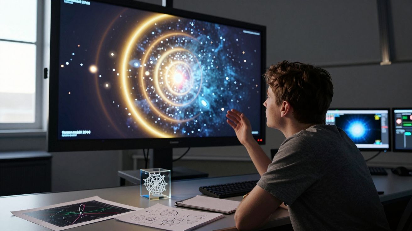 Pessoa analisando visualização digital de sistema solar em grande tela no ambiente de trabalho.