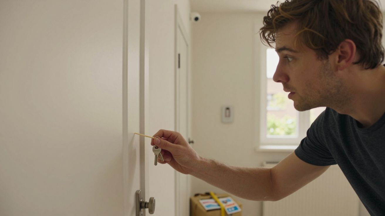 Homem tentando abrir porta branca com chave e clipe de papel dentro de casa.