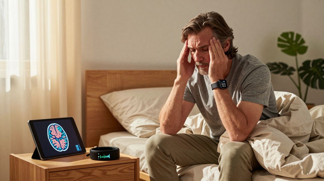 Homem sentado na cama com expressão de dor na cabeça e tablet mostrando imagem do cérebro.