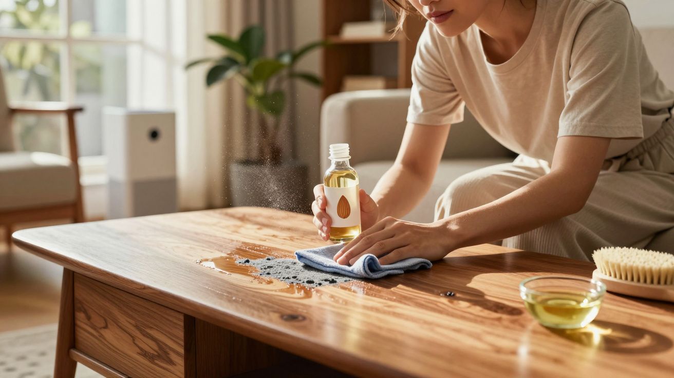 Mulher limpando mesa de madeira com pano e óleo de cuidado para móveis em sala iluminada.