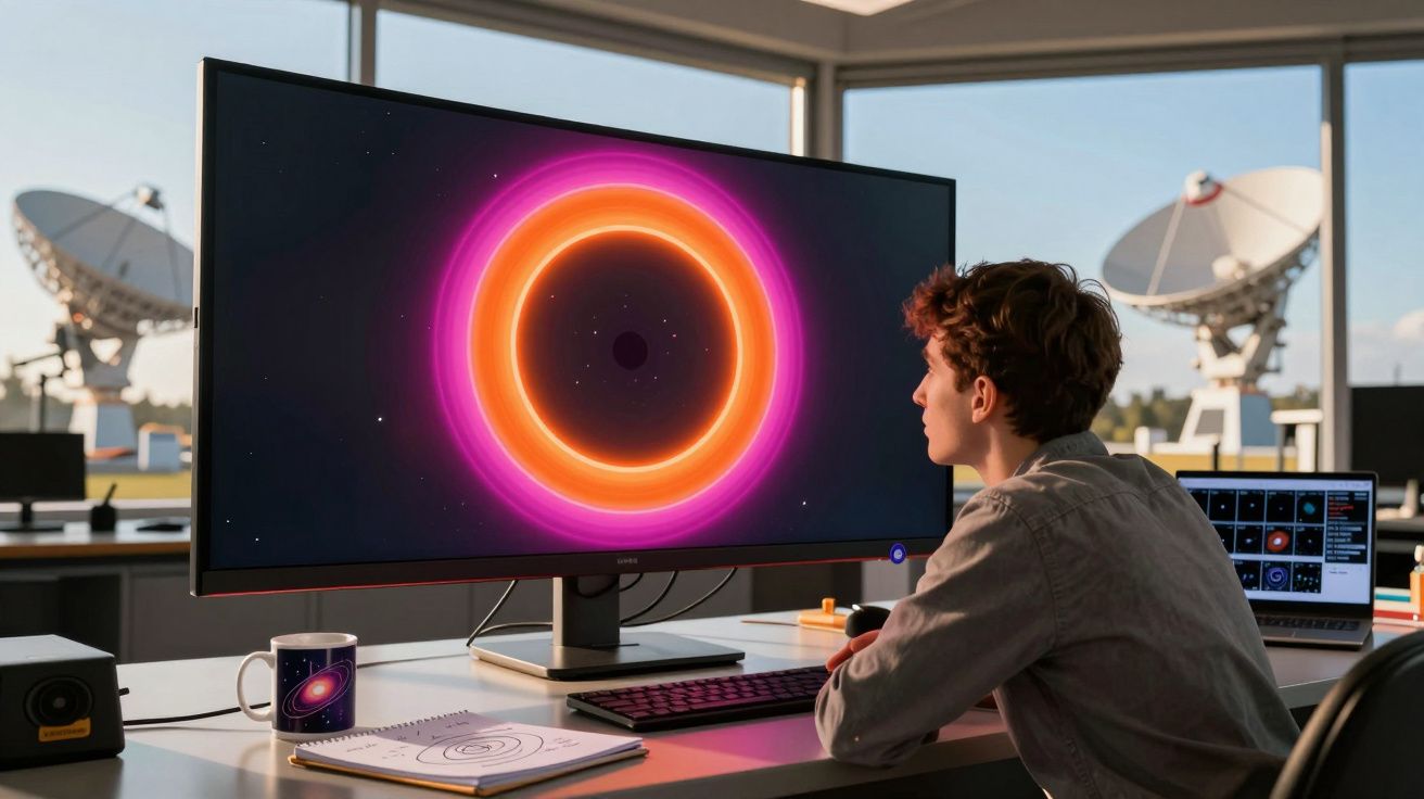 Jovem observando imagem de buraco negro colorido em monitor grande dentro de sala com antenas parabólicas ao fundo.