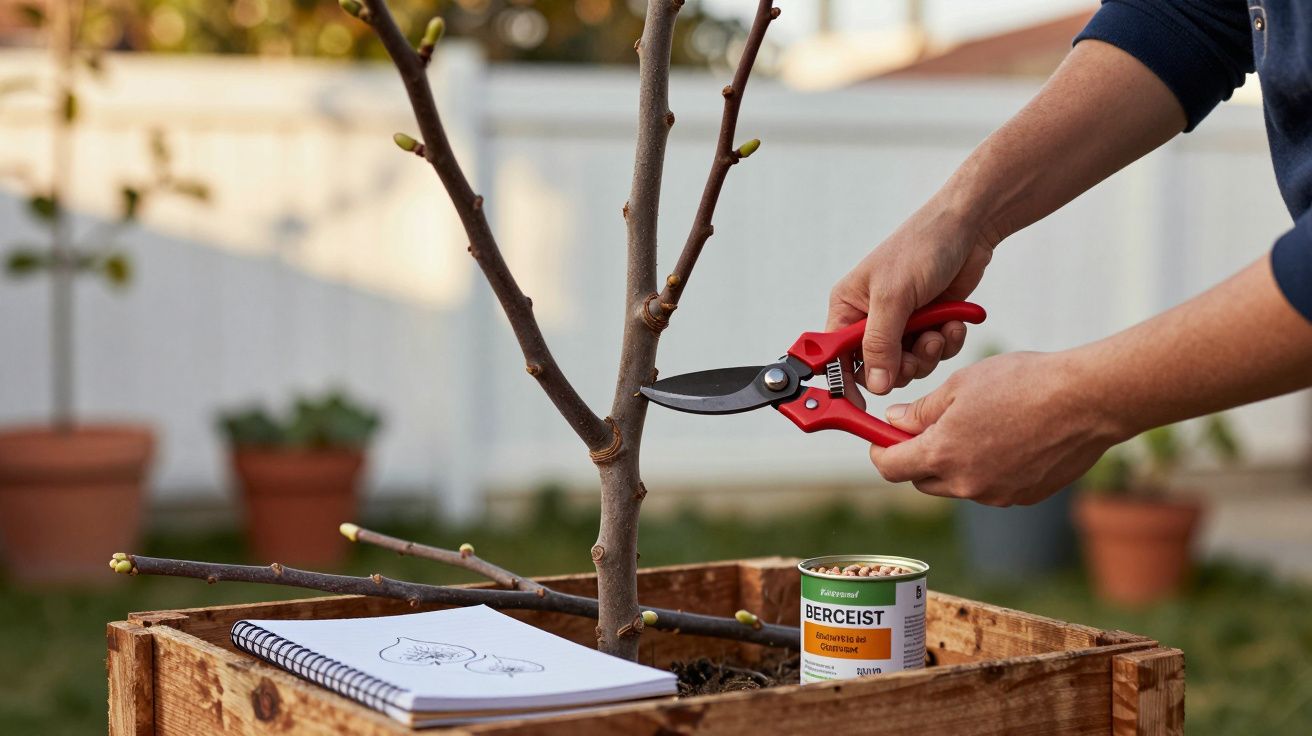 Pessoa usando tesoura de poda para cortar galho de árvore jovem em caixa de madeira no jardim.