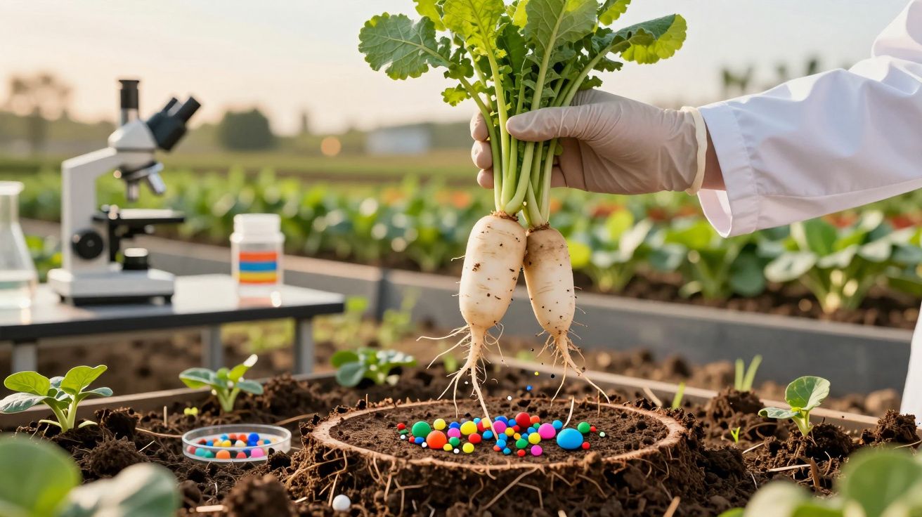 Mão com luva segurando duas raízes brancas retiradas do solo com pequenas bolas coloridas e um microscópio ao fundo.