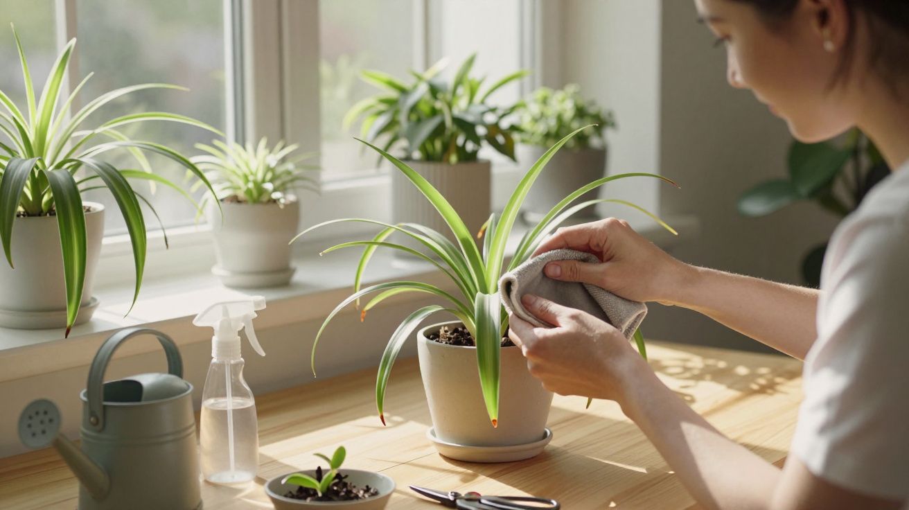 Pessoa limpando planta em vaso sobre mesa próxima à janela com várias plantas e utensílios de jardinagem.