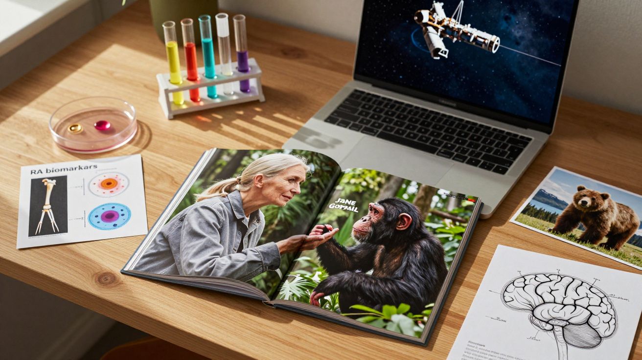 Mesa de madeira com livro aberto sobre chimpanzé, tubo de ensaio colorido, laptop e imagens científicas.