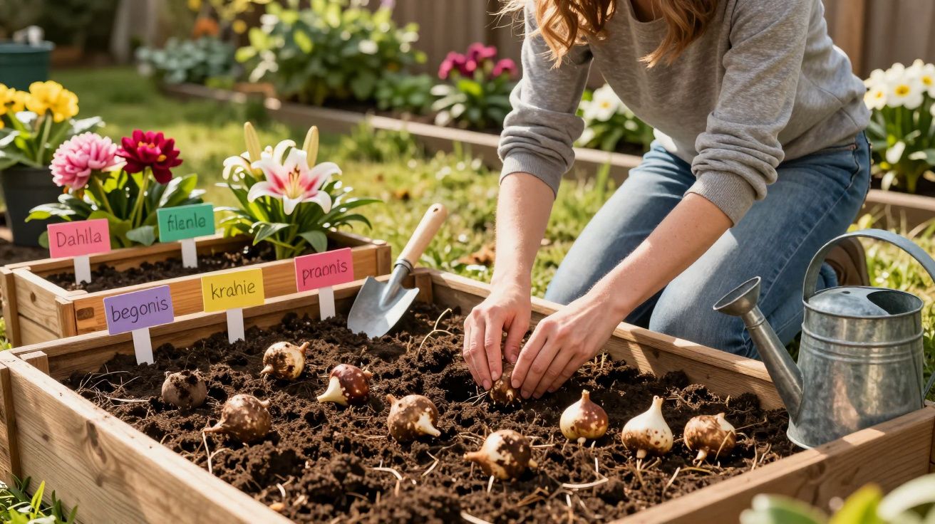 Pessoa plantando bulbos em canteiro com etiquetas coloridas e regador ao lado em jardim.