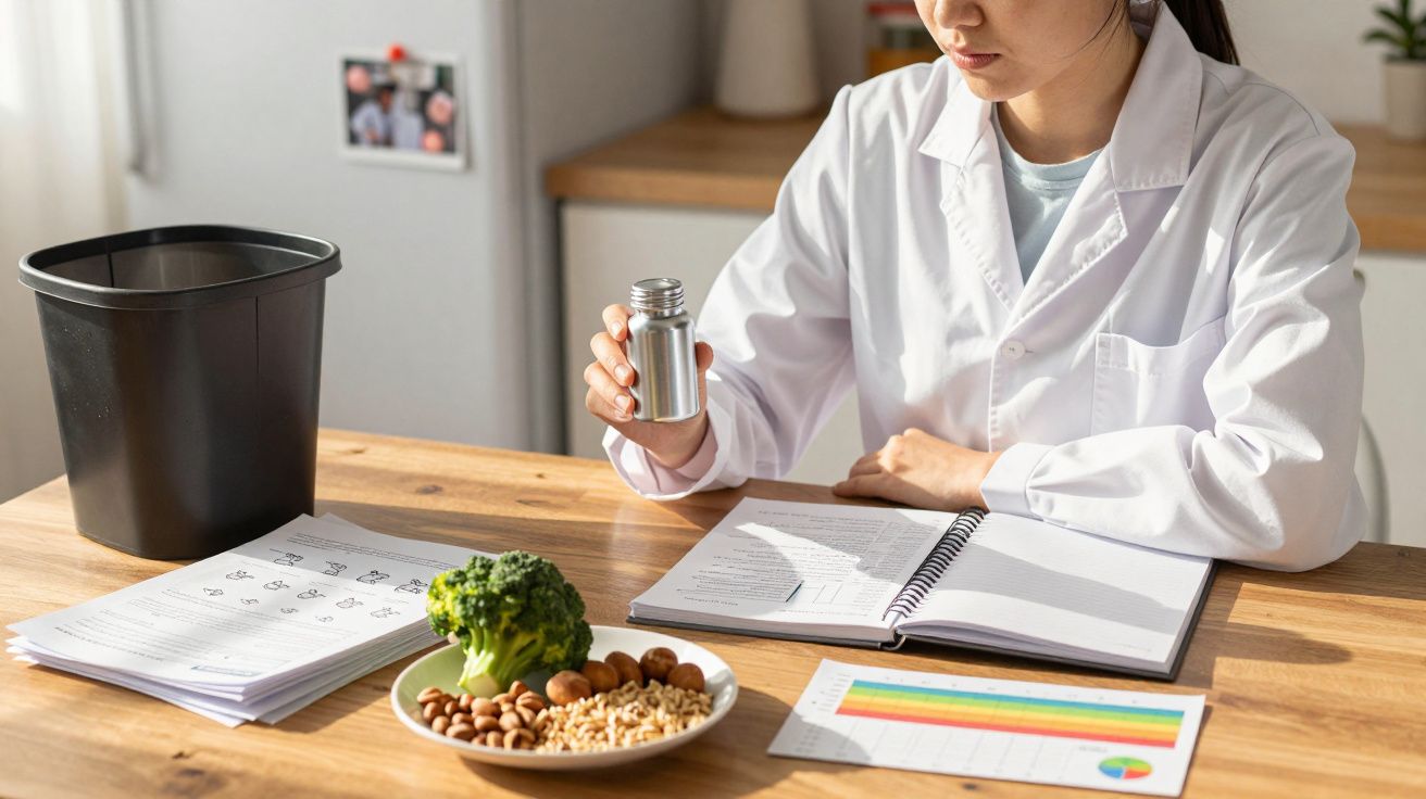 Nutricionista segurando suplemento com planilhas, caderno, alimentos saudáveis em prato sobre mesa de madeira.