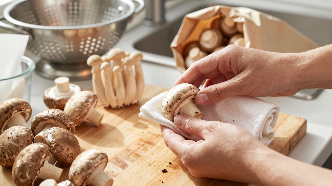 Mãos limpando cogumelos frescos sobre tábua de madeira em cozinha com coador e saco de papel ao fundo.