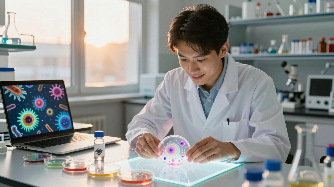 Cientista em laboratório analisando uma placa de petri com micro-organismos coloridos sob luz brilhante.