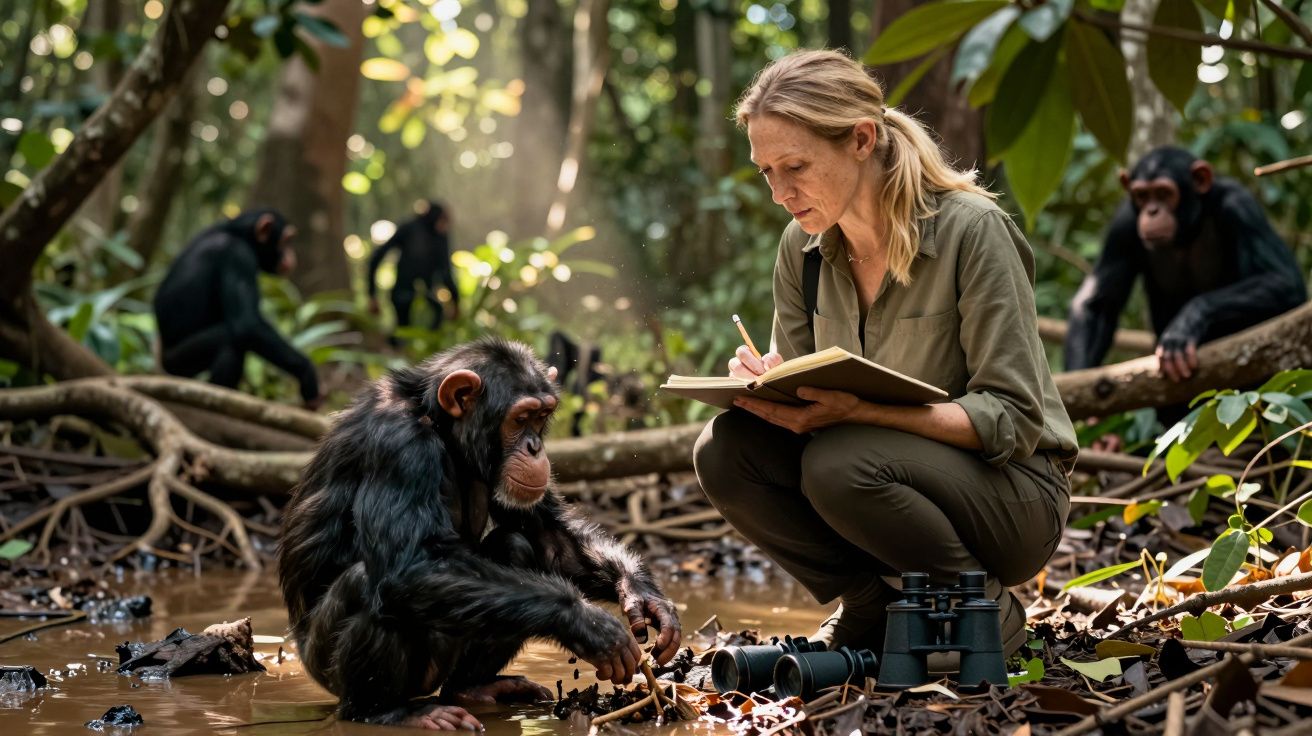 Mulher observa e anota comportamento de chimpanzé em área alagada na floresta tropical.