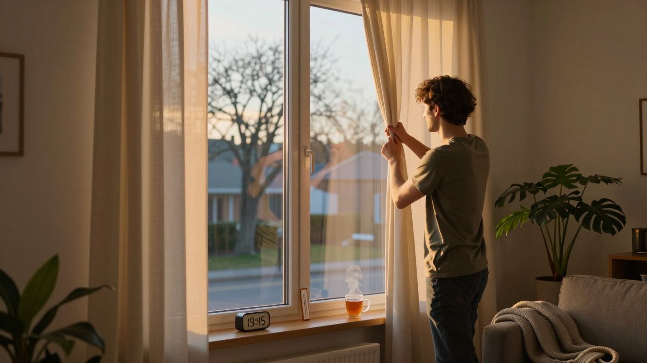 Pessoa abrindo a cortina de uma janela em ambiente interno com xícara e relógio na parede.