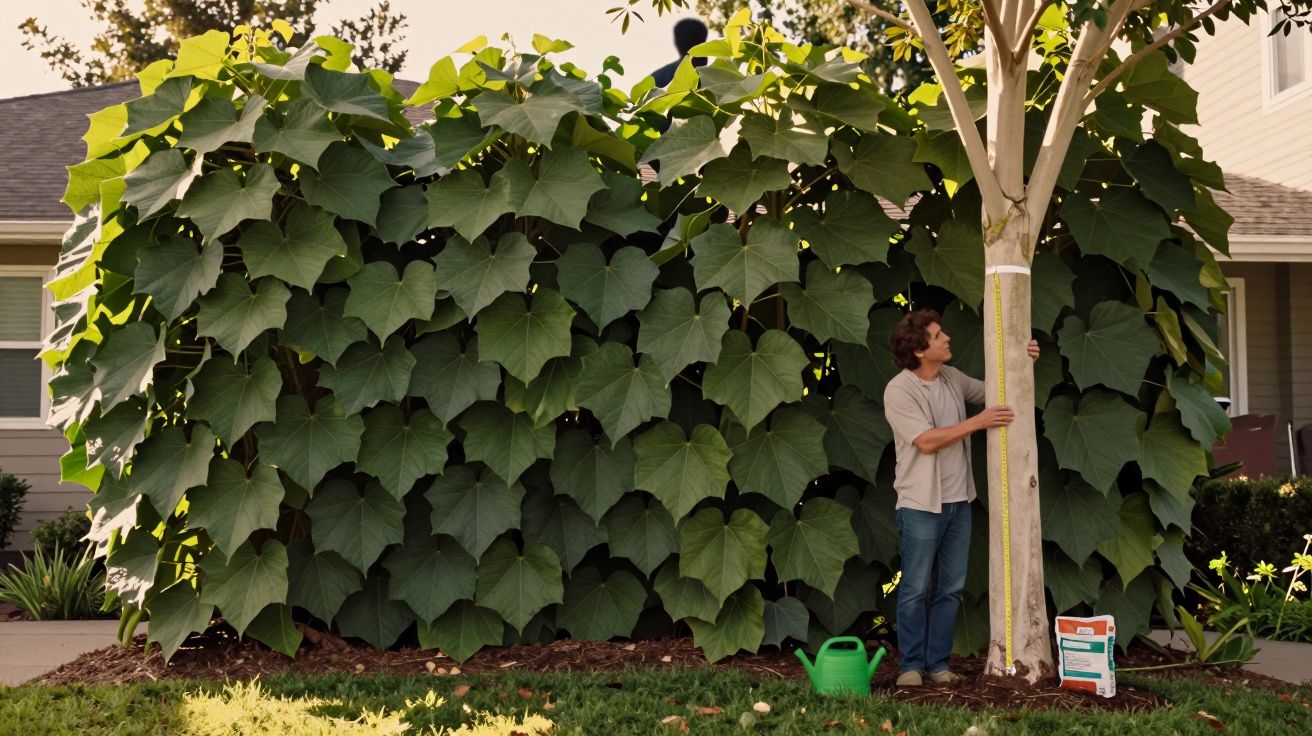 Homem medindo tronco de árvore ao lado de grande planta com folhas verdes em jardim residencial.