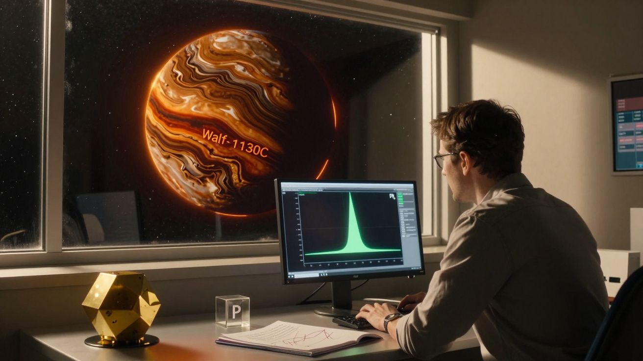 Homem analisa dados em computador com imagem do planeta Walf-1130C visível pela janela.