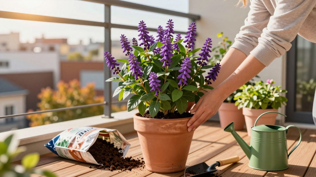 Pessoa cuidando de planta com flores roxas em vaso no parapeito, com regador e terra ao lado.