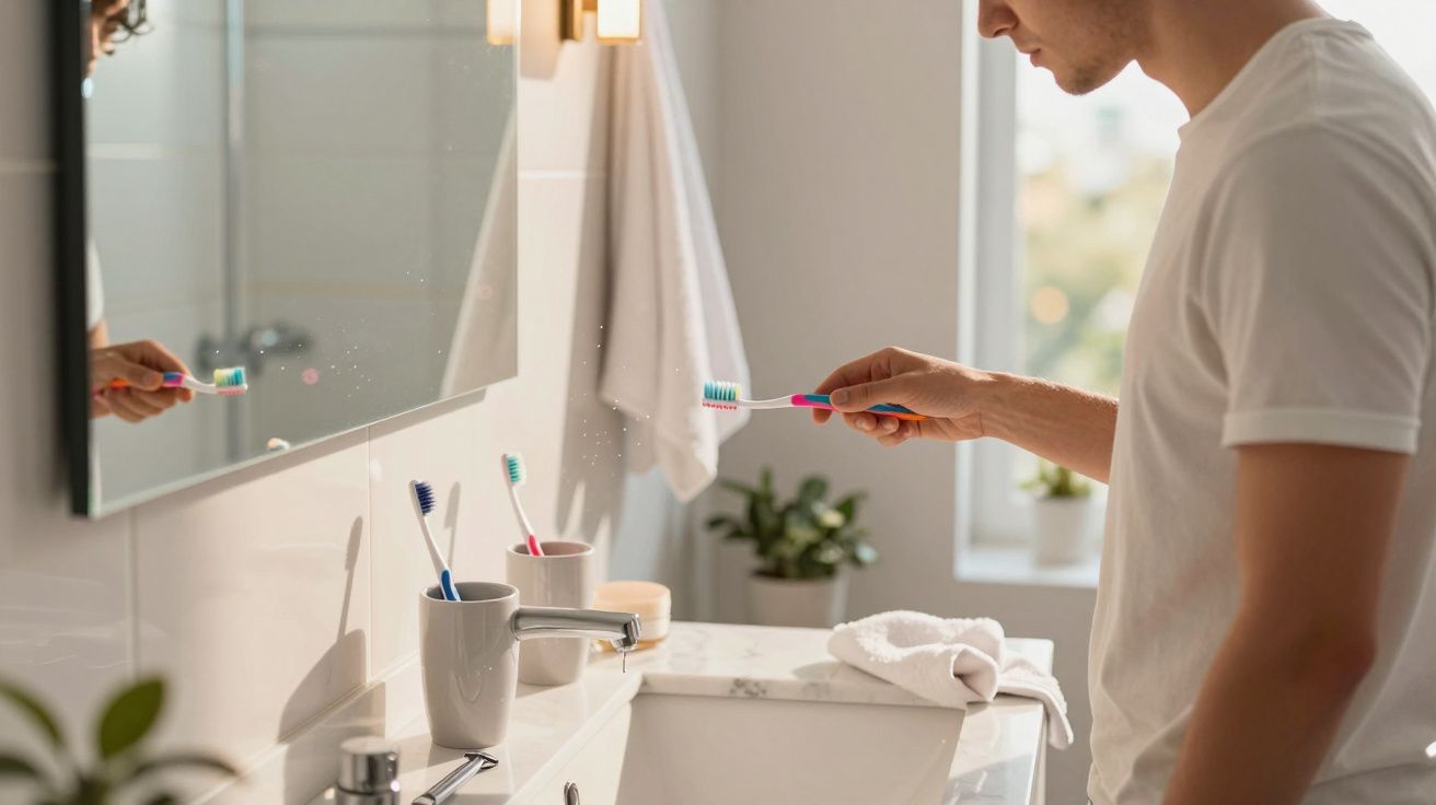 Homem segurando escova de dentes sobre a pia em banheiro iluminado e com espelho grande.