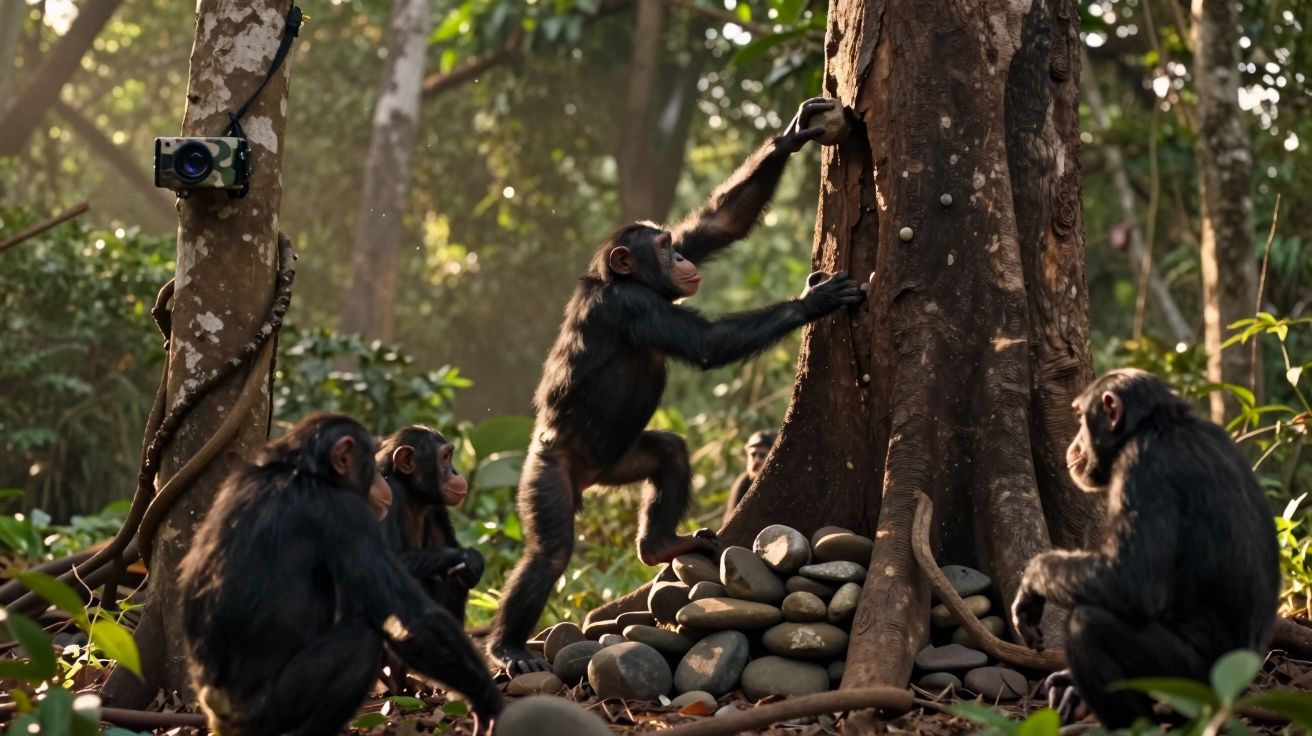 Grupo de chimpanzés interagindo perto de uma árvore com câmera de observação na floresta.