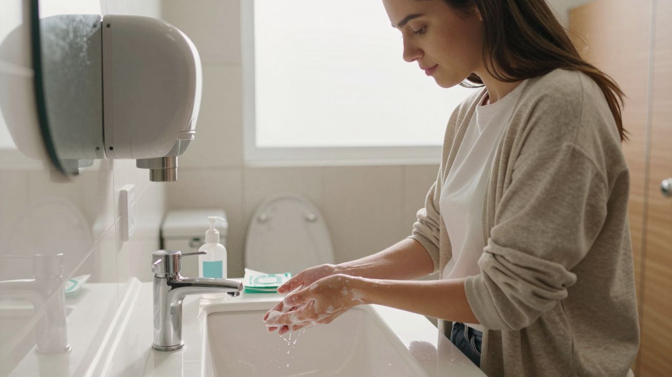 Mulher lavando as mãos com sabão em uma pia de banheiro iluminado por janela.