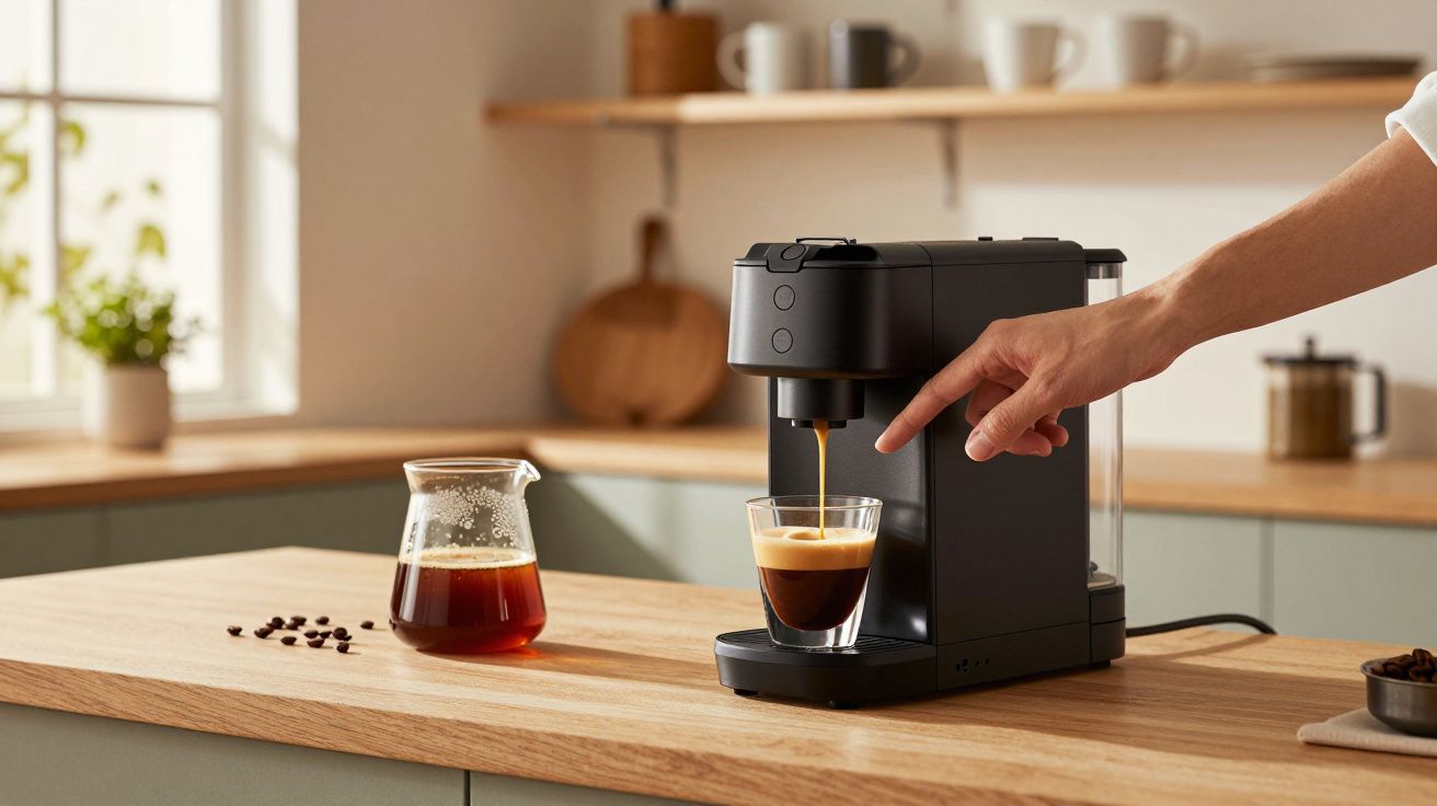 Máquina de café preta preparando café expresso em copo de vidro sobre bancada de madeira.