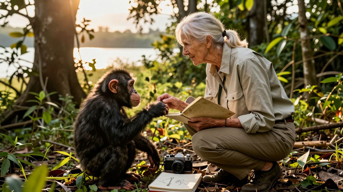 Mulher idosa e chimpanzé trocando toque de mãos em floresta, com caderno e câmera no chão.