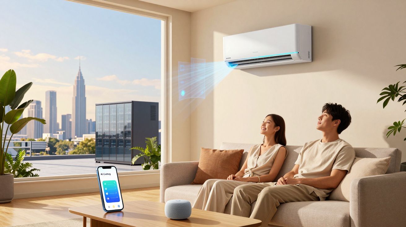 Casal sentado no sofá desfrutando de ar-condicionado controlado por smartphone em sala com vista urbana.