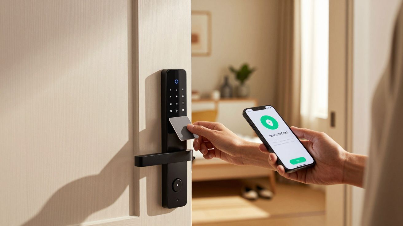 Pessoa usando cartão e smartphone para destrancar fechadura eletrônica de porta em ambiente interno.