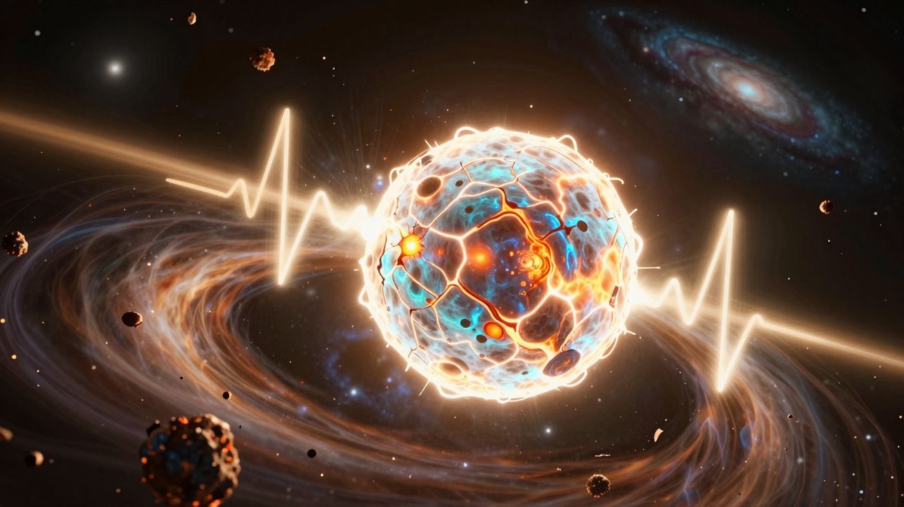 Planeta luminoso com padrão elétrico em formato de batimento cardíaco no espaço sideral.