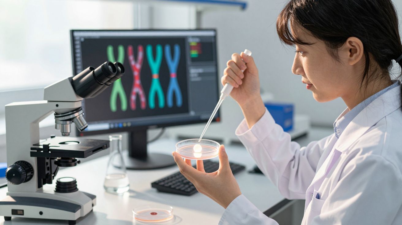 Cientista usando pipeta em placa de Petri com cromossomos exibidos no monitor ao fundo.