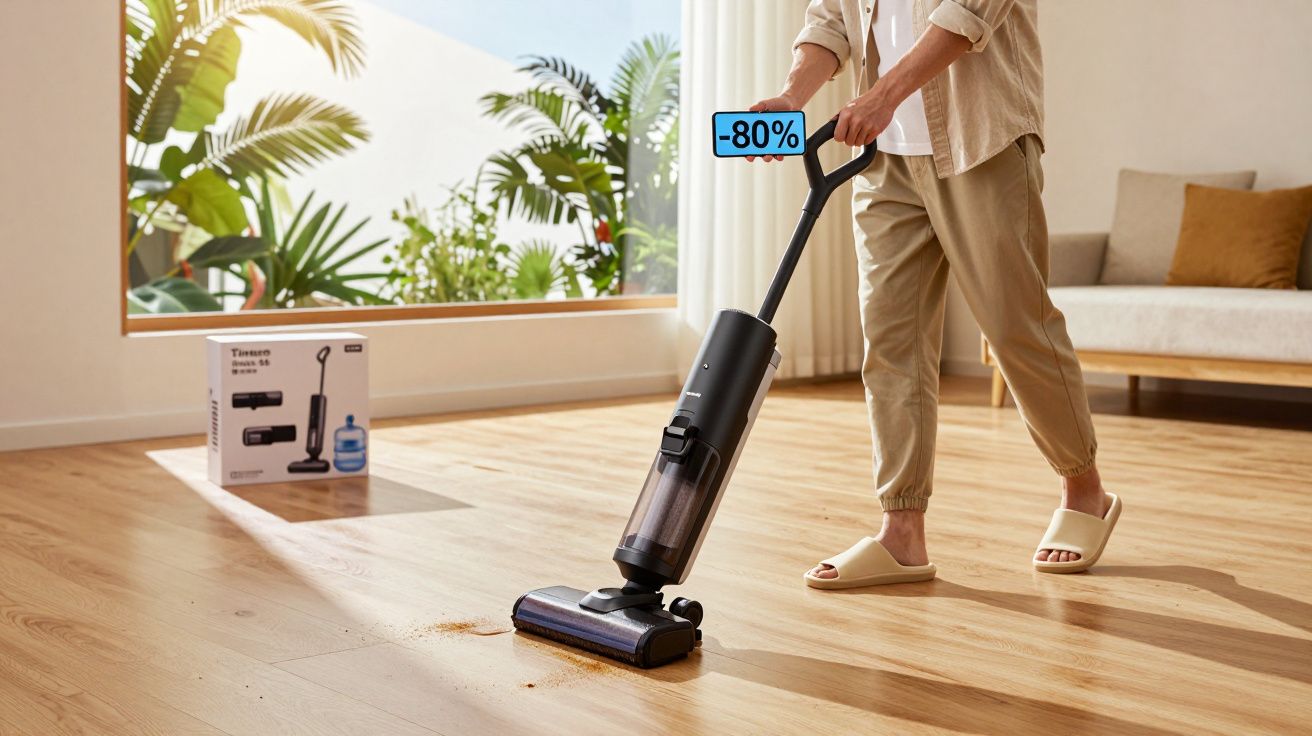 Pessoa limpando chão de madeira com aspirador de pó sem fio em ambiente claro e planta ao fundo, com desconto de 80%.