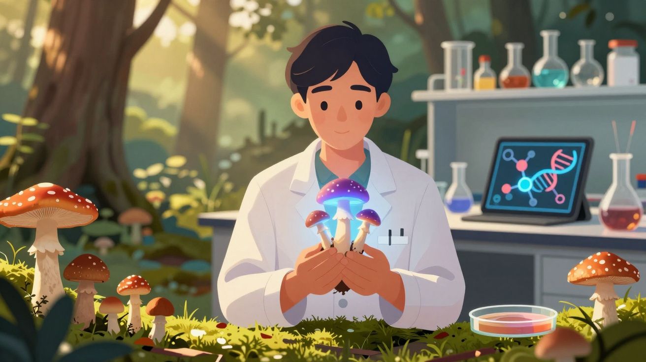 Cientista em laboratório ao ar livre segurando cogumelos brilhantes, cercado por equipamentos científicos.
