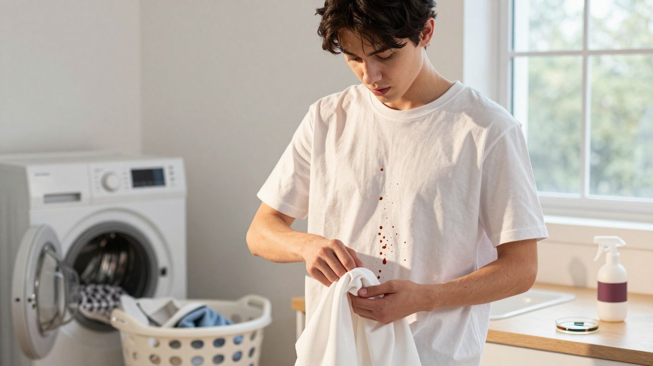 Jovem tenta retirar manchas de sangue de camiseta branca perto de máquina de lavar e cesto de roupas.