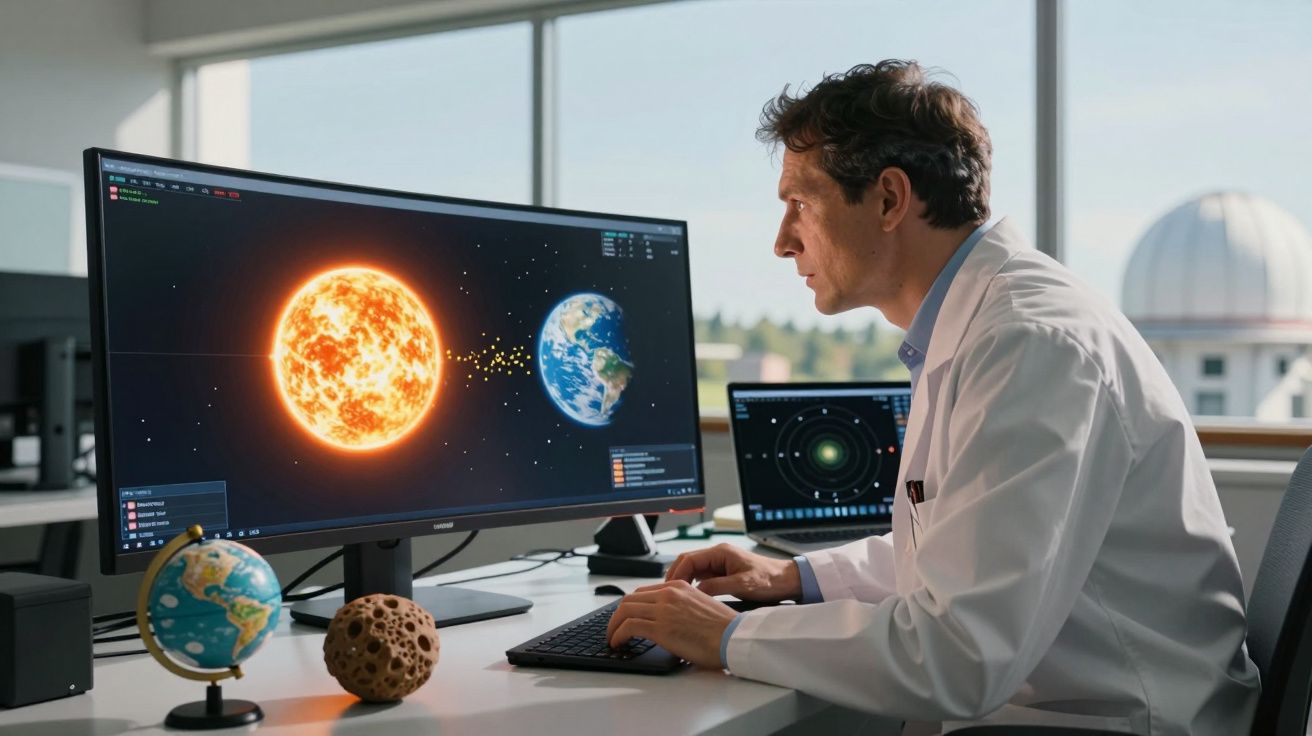 Cientista analisando simulação do Sol e da Terra em computador em laboratório com globos na mesa.