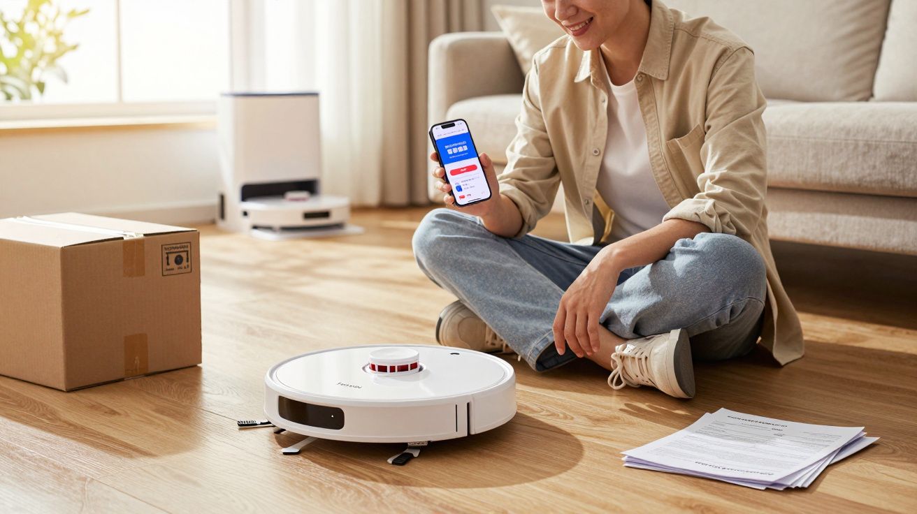 Pessoa usando smartphone para controlar robô aspirador de pó branco em sala com caixa de papelão e documentos no chão.