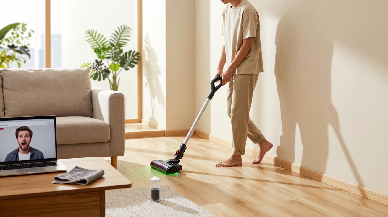 Pessoa descalça usando aspirador sem fio para limpar chão de madeira em sala iluminada e moderna.