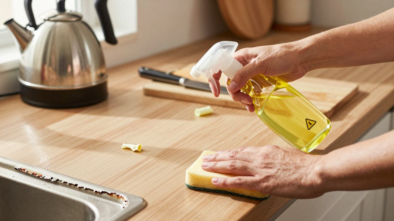 Pessoa limpando bancada de madeira com esponja e spray amarelo em cozinha.