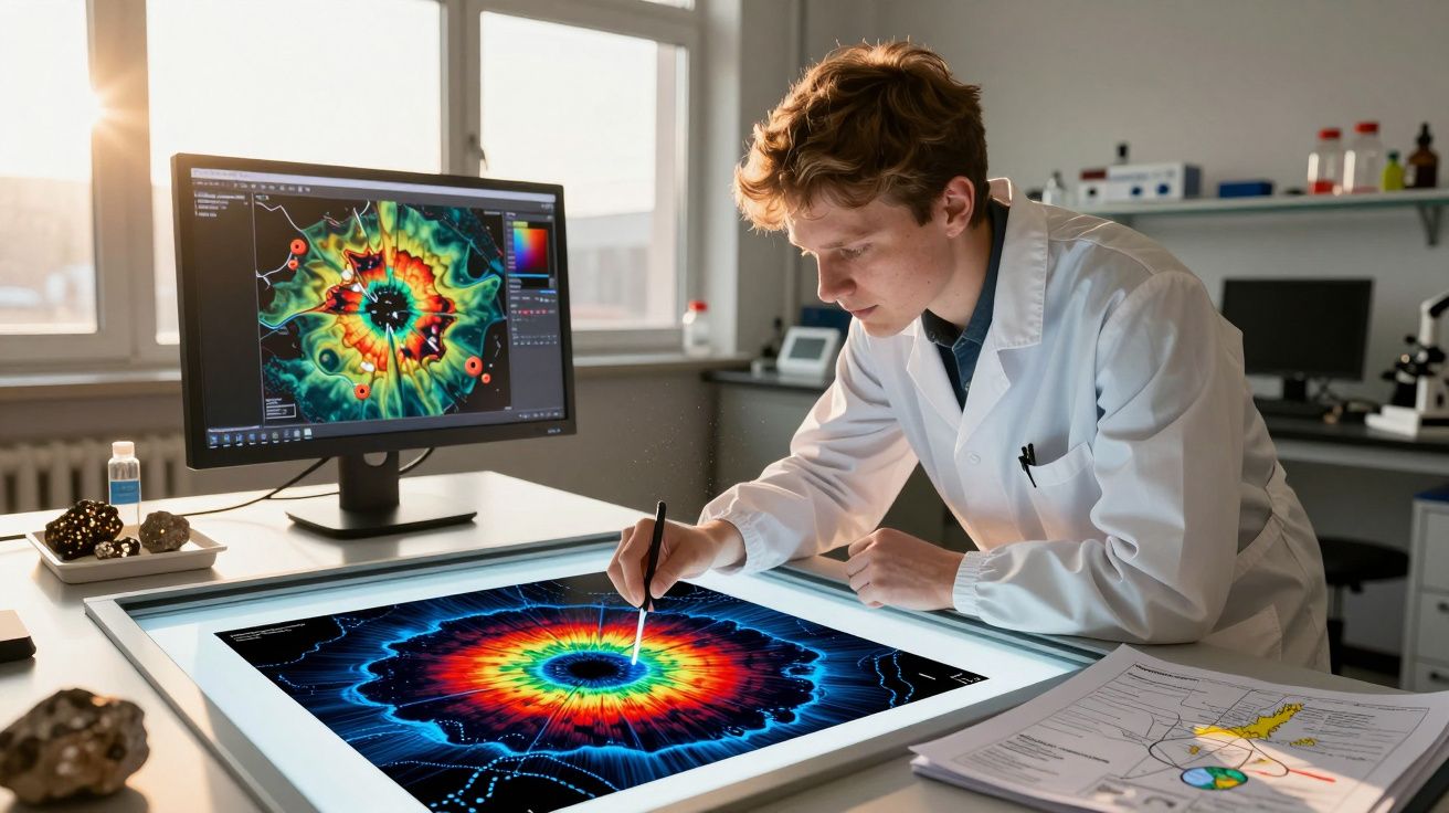 Cientista em laboratório analisa gráficos coloridos de estudos geológicos em duas telas digitais.