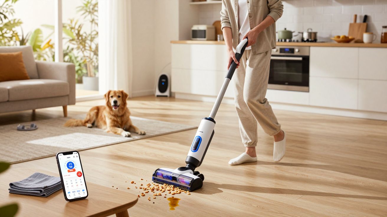Pessoa usando aspirador para limpar ração e líquido no chão da sala com cachorro ao fundo e celular na mesa.