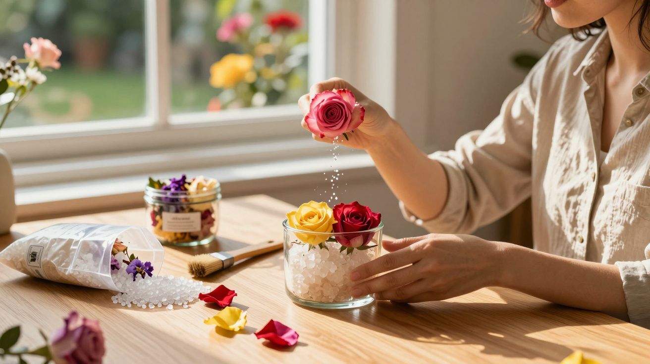 Pessoa decorando vaso com flores e cristais em mesa de madeira perto da janela iluminada pelo sol.