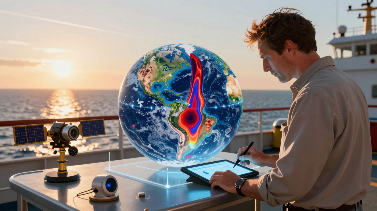 Homem analisa dados geográficos em holograma do planeta Terra em um navio ao pôr do sol.