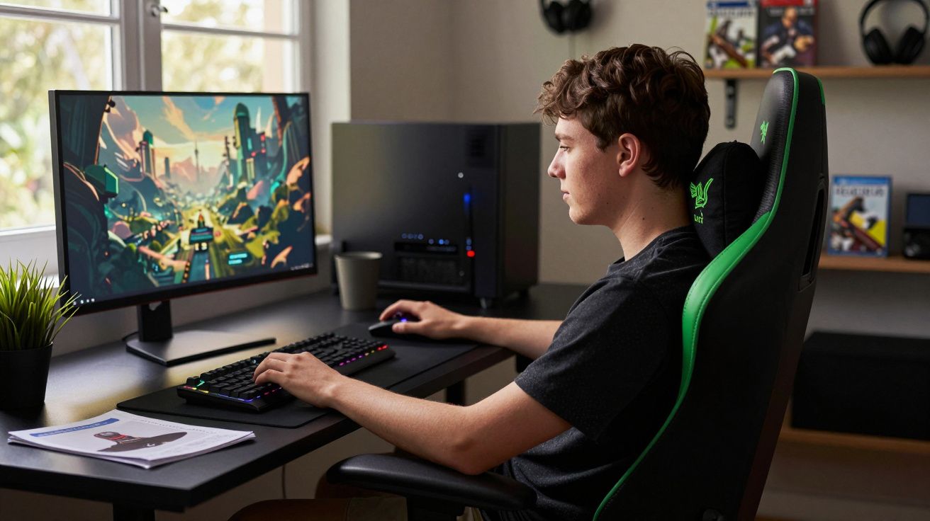 Jovem usando cadeira gamer, jogando videogame em computador com monitor em mesa próximo à janela.