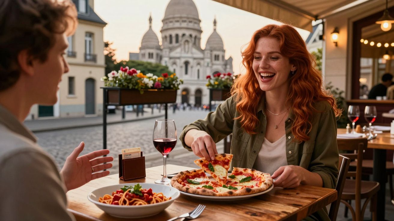 Casal sorridente comendo pizza e macarrão em restaurante ao ar livre com vista para igreja histórica.