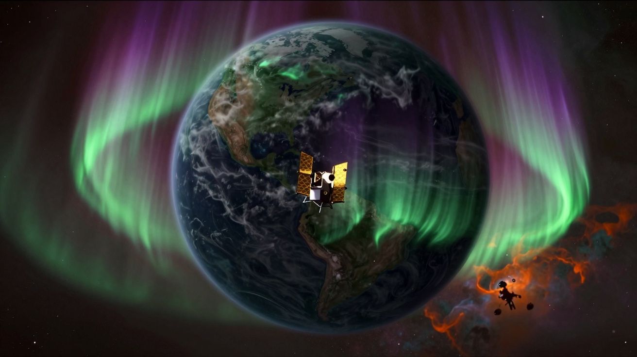 Satélite orbitando a Terra com auroras boreais verdes e roxas no espaço ao redor.