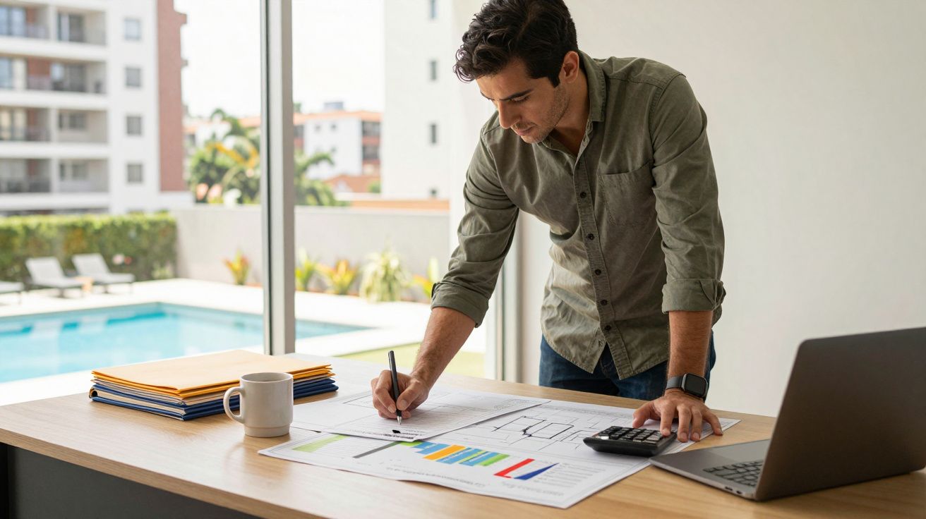 Homem revisando gráficos e plantas em mesa com computador e calculadora perto de piscina.