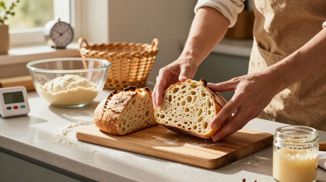 Pessoa segurando pão caseiro cortado ao meio sobre tábua de madeira em cozinha iluminada.