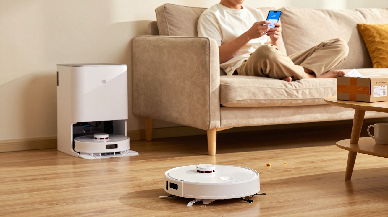 Robô aspirador branco em chão de madeira perto de sofá bege, com pessoa sentada usando celular.