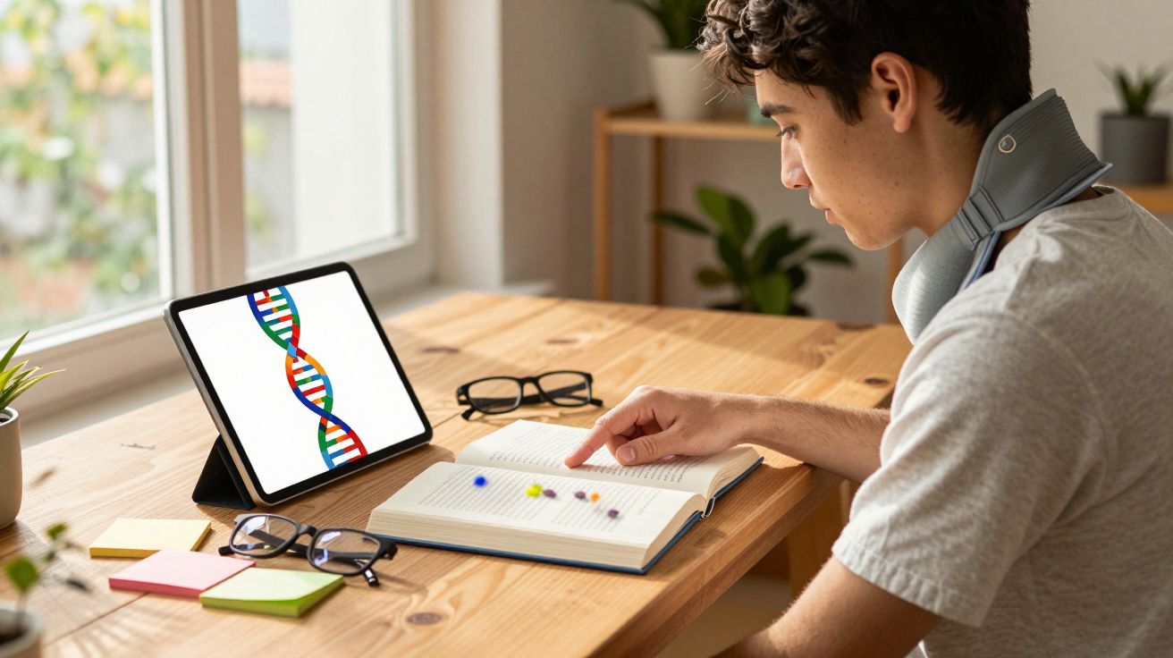 Jovem estudando biologia com modelo de DNA no tablet e livro com mini planetas sobre a mesa.
