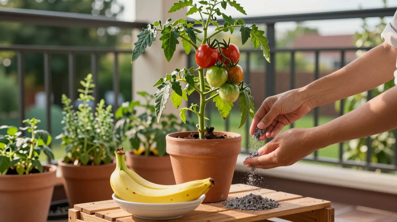 Mãos adicionam fertilizante próximo a vaso com tomate e bananas em prato sobre mesa na varanda.